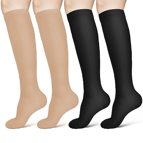 ACWOO Kompressionsstrümpfe Damen und Herren, 2 Paare Kompressionssocken Medizinisch Kompressionsstrümpfe Kniestrümpfe Damen, Thrombosestrümpfe Compression Socks (S/M, Schwarz+Beige)