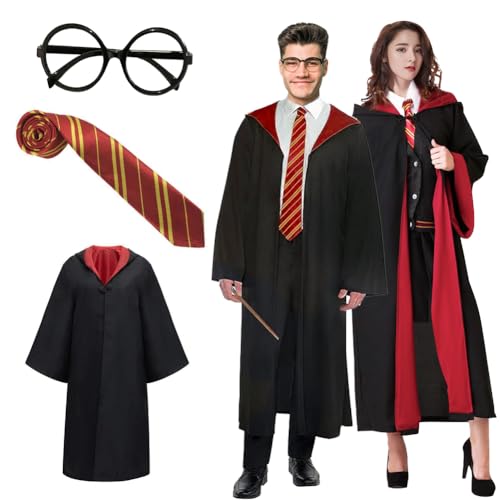 DASIAUTOEM Magier Robe, Gryffindor Umhang, Slytherins Umhang, Zauberer Robe für Erwachsene, mit Umhang Krawatte Brille, Zaubererrobe für Karneval Cosplay Kostüm Verkleidung Party