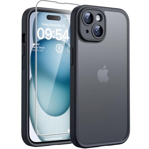 TOCOL 3 in 1 für iPhone 15 Hülle, Vollständiger Kameraschutz Stoßfest Kratzfest Handyhülle für iPhone 15 Case, Schwarz