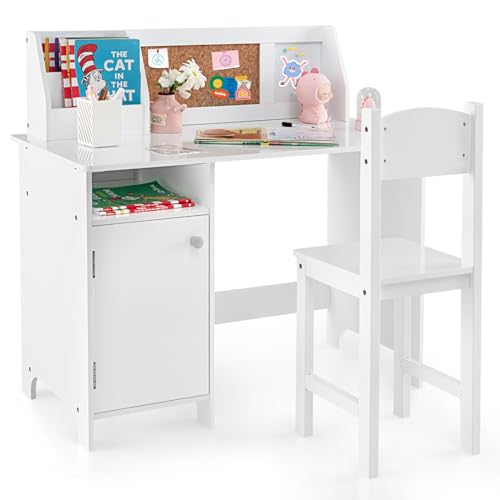 COSTWAY Kinderschreibtisch Set, Schreibtisch Kinder mit Stuhl aus Holz, Schülerschreibtisch mit Bücherregal, Schrank & Pinnwand, Jugendschreibtisch für Kinder ab 3 Jahren, Weiß