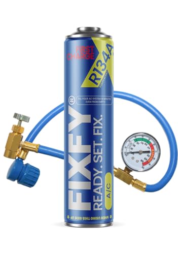 FIXFY FIRST CHARGE – Erstbefüllung – 2in1-Präparat mit R134a-Ersatz und hohem Ölanteil – Set mit Schlauch und Manometer, 500 ml Dose, zur Selbstbefüllung leerer Klimaanlagen