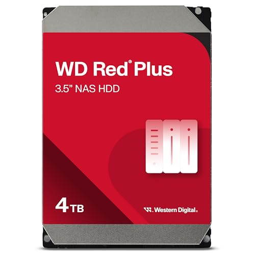 WD Red Plus interne Festplatte NAS 4 TB (3,5'', Datenübertragung bis 175 MB/s, Workload 180 TB/Jahr, 5.400 U/min, 128 MB Cache, 8 Bays) Rot