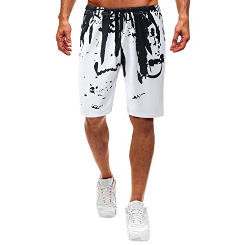 Lässige Sommershorts für Männer, bedruckt, weiche Shorts, elastische, mittlere Taille, Kordelzug, lässige Sportshorts mit Tasche Blaue Shorts Herren Radhose Herren Kurze Hosen Herren Sport (White, L)