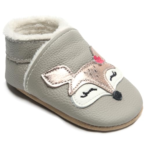 IceUnicorn Krabbelschuhe Baby Winter Krabbelschuhe Gefüttertlüsch Hausschuhe Baby Lauflernschuhe Warm Weiche Leder Babyschuhe(Plüsch Fuchs, 6-12 Monate)