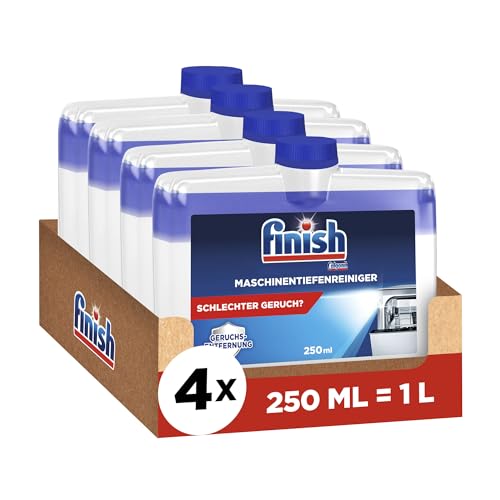 Finish Maschinentiefenreiniger – Flüssiger Maschinenreiniger gegen Kalk und Fett für eine saubere Spülmaschine – Sparpack mit 4 x 250 ml Maschinenpfleger