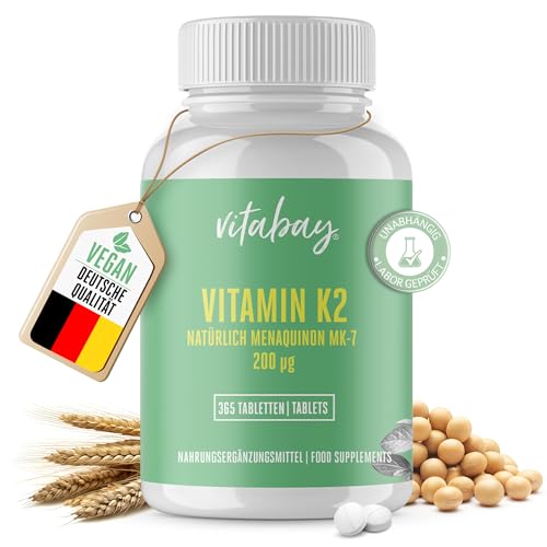 Vitabay Vitamin K2 hochdosiert 200 µg (mcg) - VEGAN 365 Vitamin K2 Tabletten MK7 MK-7 - Vitamin K2 MK7 200µg - Vit K2 Vitamin K 2 Vitamin K2 200µg All-Trans Form K2 Vitamin Vitamin-K2 Mk7 Vitamin K2