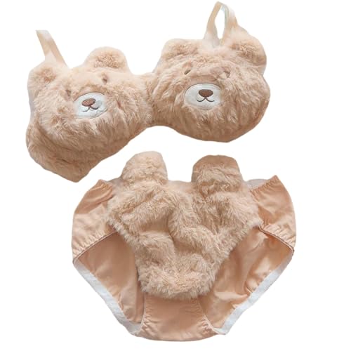 Süßes, sexy Plüsch-Heimset, gemütliches Plüsch-BH-Set für die Freizeit, gemütliches Plüsch-Bademantel-Pyjama-BH-Set für die Freizeit für Damen (Khaki Bear,M)