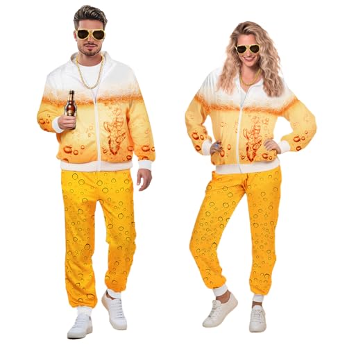 iZoeL Karneval Kostüm Herren Damen, 80er Jahre Outfit Set Golden Brille Halskette Bierkostüm Trainingsanzug Jogginganzug Halloween Oktoberfest Karneval Mottoparty Fasching Kostüm
