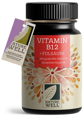 VITAMIN B12 hochdosiert - 365 Tabletten mit 500µg Vit B12 + FOLSÄURE 200µg pro Tablette - mit Methylcobalamin, Adenosylcobalamin & Hydroxocobalamin Vit. B12 - laborgeprüft mit Zertifikat - 100% vegan