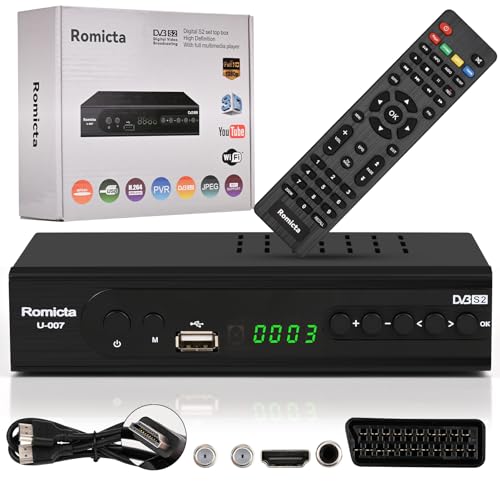 Romicta HD Receiver für Satelliten, Sat Receiver mit HDMI, DVB-S/S2, PVR, EPG, SCART, USB Mediaplayer, HDTV, YouTube, Wetter, Schwarz - HDTV Satelliten Receiver