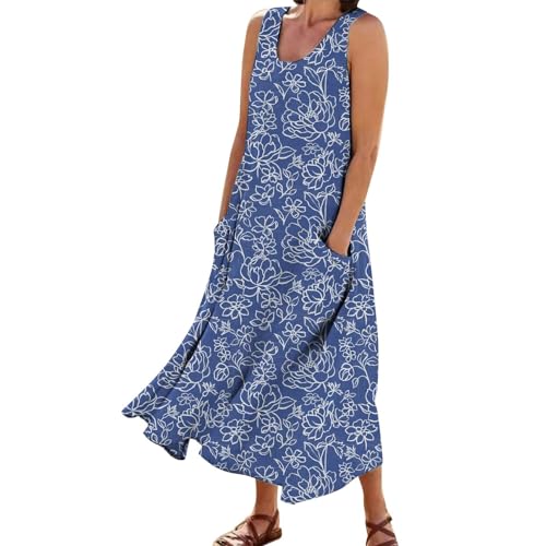 Boho Kleid Damen Leinenkleid Ärmellos Lose Maxikleid Casual Rundhals Sommerkleid Elegant Blumenmuster Tankkleid mit Taschen Große Größen Strandkleid Baggy Fliessend Langes Kleider