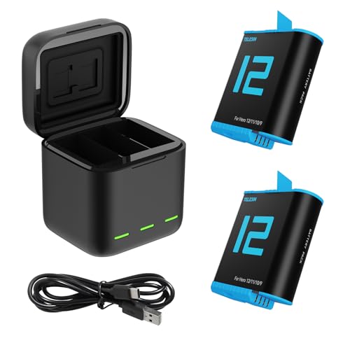 TELESIN Dreifach-Ladegerät und Akku-Speicherbox mit 3 Kanälen Ladegerät mit 2 wiederaufladbaren Lithium-Ionen-Akkus für GoPro Hero 12 Hero 11 Hero 10 Hero 9 Black (Ladegerät + 2 Akkus)