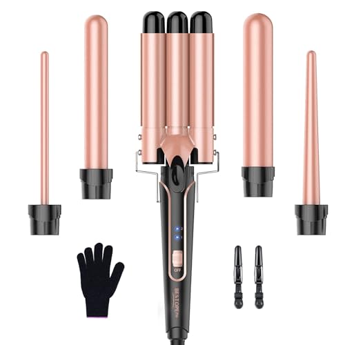 BESTOPE PRO Lockenstab Lockenstäbe 3 Fässer Welleneisen 5 in 1– Lockenstab Set 3 Fässer für großer Wellen, Temperatureinstellung, Schnellaufheizung und einem Handschuh, 2 Clips, Roségold