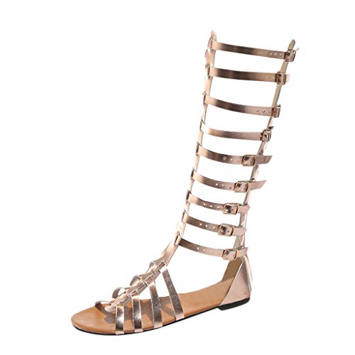 Sommerschuhe Damen， Römersandalen Damen Kniehoch Gold- Flache Sandalen Bequem Trekking Sandaletten Kniehoch Mit Absatz Sandalen Kniehoch Sandaletten Flach Schwarz Gladiator Schuhe Freizeitsandalen