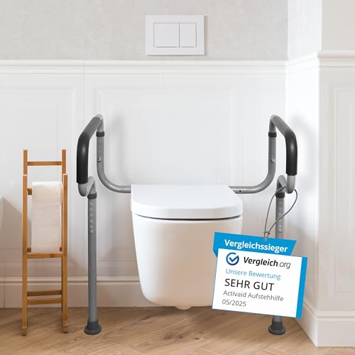 ACTIVAID® - Aufstehhilfe Toilette ohne bohren, WC Haltegriff, Toiletten Aufstehhilfe für Senioren, Toilettenstützgestell höhenverstellbar, Toilettensitzerhöhung mit Armlehnen, Senioren WC - silber