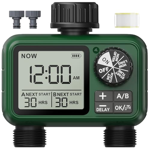 Bewässerungscomputer 2 Ausgänge, Großes LCD-Display Bewässerungsuhr, Automatische Bewässerung Zeitschaltuhr mit Regenverzögertem/Manuellem/Wasserhahn-Zeitschaltuhr für Garten