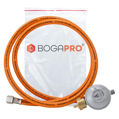 BOGAPRO Set aus Propangasschlauch 150 cm und Gasdruckregler 50 mbar, Druckminderer Gas 1/4" Linksgewinde, Gasschlauch und Druckregler inkl. Polybeutel, Polyvinylchlorid (PVC)