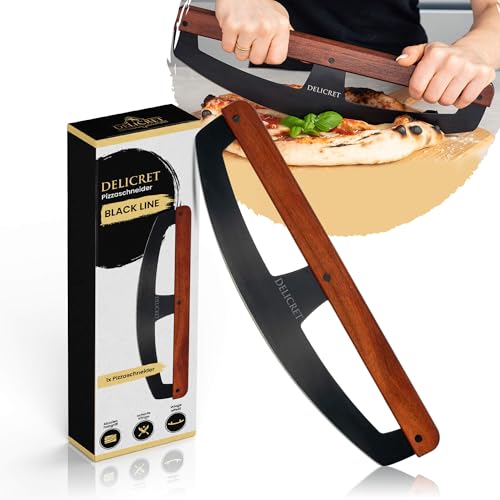 DELICRET "Black Line"- Pizza Wiegemesser | Pizzaschneider mit Akazienholtgriff & scharfer Edelstahlklinge