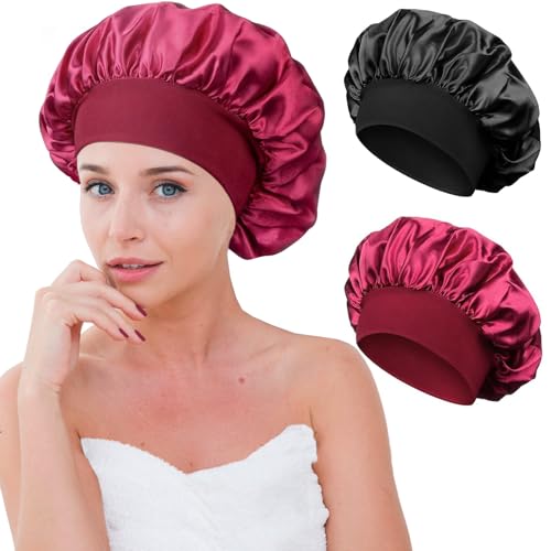 KUAOWT Seidenhaube zum Schlafen, 2 Stück Silk Bonnet Sleep Cap Verstellbar Schlafhaube Seide, Atmungsaktive Schlafmütze Damen Mädchen Satin Haarhaube für die Nacht Haare Schützen (Weinrot, Schwarz)