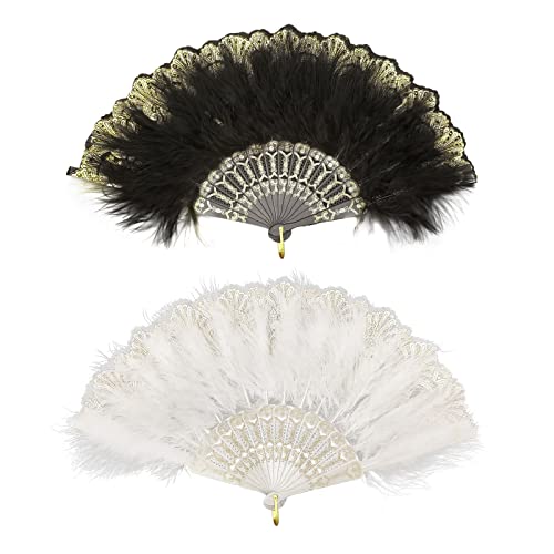 MIVAIUN 2 Pack Damen Fächer Feder, 1920s Vintage Style Folding Handheld Feather Fan, Retro Handfächer Damen Gatsby Kostüm Flapper Zubehör, Folding Feather Fan für Party Kostüm Dekoration