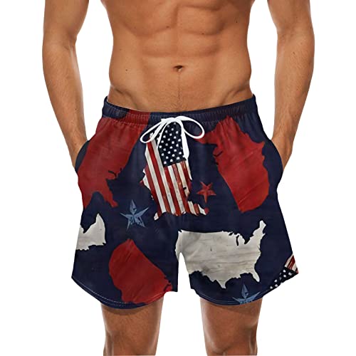 QWUVEDS Mens Independence Day Digitaler 3D-Druck Atmungsaktives Mesh Bedruckte Strandshorts Strandhose Badeshorts Herren Oliv (Dark Blue, L)