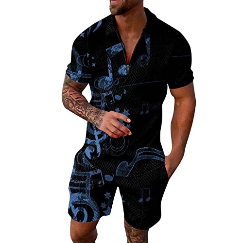 Generisch Mens Fag Fashion Leisure Seaside Beach Holiday 3D-Digitaldruck Reißverschluss Kurzarmhemd Shorts Zweiteiler Herren 62 T Shirts Kurze Hose Männer Baggy Sport Freizeitanzug (Dark Blue, XXXL)