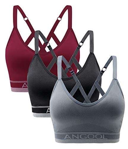 ANGOOL Sport BH Damen Einstellbarer Schultergurt Sport Bustier Damen Gepolstert Starker Halt Nahtlose Joggen Yoga Fitness Bra, 3er Pack, Schwarz + grau + rot, M