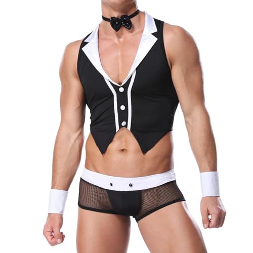 WOPOLIUE Herren Sexy Unterwäsche Männer Erwachsene Cosplay Sexy Dessous Barkeeper-Kostüm Kellner-Outfit Erotik Kostüm Rollenspiel Clubwear Faschingskostüm Reizwäsche Gentleman Uniform Cosplay Outfit