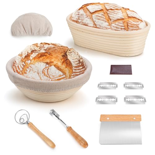 PITCH PULSE Gärkorb Set, Brot Gärkörbchen aus Peddigrohr zum Brot backen, Brotkörbchen, Brotform(23cm rund & 25cm oval)
