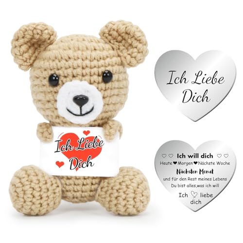 Mini Bär Ich Liebe Dich Geschenke, Jahrestag Geschenk Frauen, Kreative Strickwolle Bär Puppe mit Liebesmünzen Karte, Khaki Pocket Hug Bär, Romantische Geschenk für Ehefrau Hochzeitstag Valentinstag