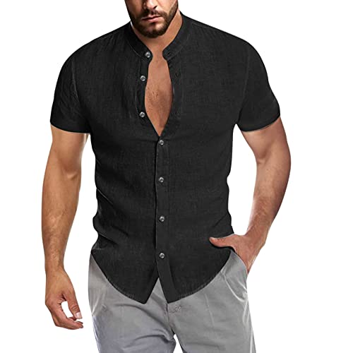 Generisch Leinenhemd Herren Kurzarm Hemd Button Down Regular Fit Freizeithemden Sommer Strand Leinen Shirt Leinenhemd Herren Schwarz Atmungsaktiv und schweißableitend