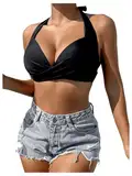 GORGLITTER Damen Push UP Bikini Top Neckholder Bikinioberteil Triangel Bikini Top mit Twist Badetop Bandeau Bikini-top Schwarz M