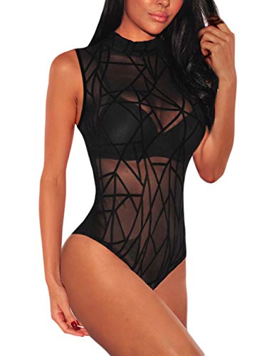 SEBOWEL Damen Body Sexy Transparent Mesh Ärmellos Bodysuit Tops (M, Schwarz)