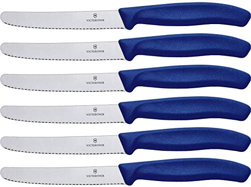 Victorinox Swiss Classic, Tomaten- und Tafelmesser, 6-teilig, Buttermesser, Extra Scharf, Wellenschliff, 11 cm, Rostfreier Stahl, blau