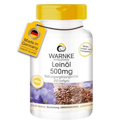 Leinöl 500mg Kapseln - Flaxseed Oil 500mg - 250 Softgels - pflanzliche Omega 3-6-9 Kapseln - hochdosiert - Großpackung | Warnke Vitalstoffe - Deutsche Apothekenqualität