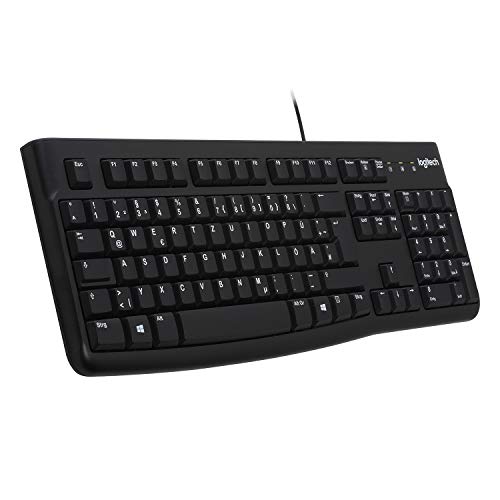 Logitech K120 Kabelgebundene Business Tastatur für Windows und Linux, USB-Anschluss, Leises Tippen, Robust, Spritzwassergeschützt, Tastaturaufsteller, Deutsches QWERTZ-Layout - Schwarz