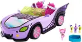 Monster High Spielzeugauto, Ghoul Mobile mit Tierfigur und coolem Zubehör, lilafarbenes Cabrio mit Spinnennetzdetails