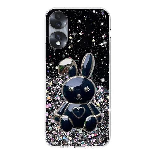 Rnrieyta Miagon Kaninchen Ständer Hülle Glitzer für Honor 90 Lite,Cute Dünn Crystal Schutzhülle Weiches Bling Transparent Case Bumper mit Herz Hase Halter Kickständer