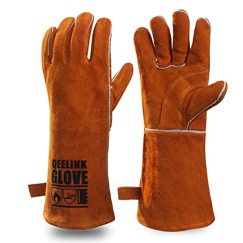 QeeLink Schweißhandschuhe, hitze- und verschleißfest, gefüttert, Leder, feuerfeste Nähte, für Schweißer/Kamine/Grill/Gartenarbeit
