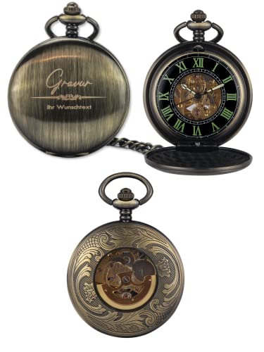 HOLZZEUG Taschenuhr mit Gravur in Bronze mit sichtbarem Uhrwerk personalisiert inkl. Kette und Sakkoclip