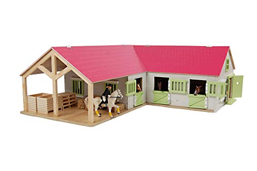 Kids Globe Farming Reiterhof rosa Bauernhof Pferdestall Holz 1:24 mit 3 Boxen, Spielzeug Pferdehof, mit praktischem Faltdach, für alle gängigen Tierfiguren 610210