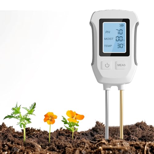 3 in 1 Bodenmessgerät, PH Wert Messgerät Boden,Digitales Bodentester Feuchtigkeitsmessgerät mit Temperatur/Feuchtigkeit und Hintergrundbeleuchtung für Gartenarbeit, Landwirtschaft, Outdoor Pflanzen