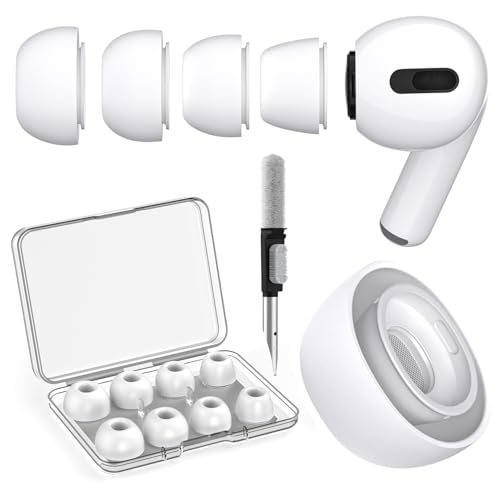 SOGUDE 4 Paar Ersatz Ohrstöpsel Airpods Pro 1/ Airpods Pro 2 mit Loch zur Geräuschreduzierung, Airpods Pro Aufsätze mit Tragbarer Aufbewahrungsbox, Silikontips mit Cleaner Stift XS/S/M/L-Weiß