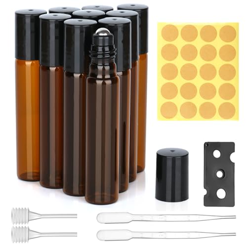 Ailvor Roll on Glasflaschen für Ätherisches Öl - 10 Stück Braune Flasche Leer 10ml, Nachfüllbar Rollon Flaschen für Öle, Duftstoff, Kosmetika, Massagen