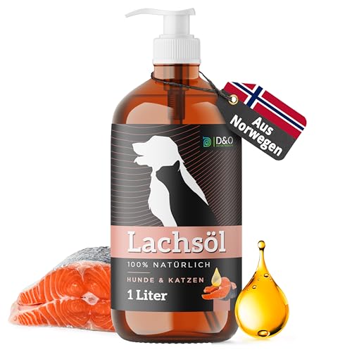 Lachsöl Hunde 1L in praktischer Flasche mit Pumpspender, Lachsöl Katze mit Omega 3 & 6, norwegisches Lachs Öl 100% natürlich, Fischöl für Hunde und Katzen, Salmon Oil for Dogs Fish Oil, Fellpflege