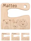 wunderwunsch® - Personalisiertes Montessori Kinder Messer mit Gravur - Sicheres Holz Baby Besteck mit abgerundeten Kanten - Geburtstag Baby Geschenk (Tiere Schriften)