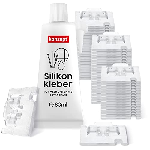 KONZEPT 50 Stück Klebehaken mit Montagekleber 80ml, extra stark, für Katzennetz Balkon – ohne Bohren, transparent, wetterfest, einfache und schnelle Montage