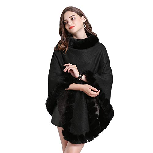 Cool&D Damen Poncho Cape Winter Umhang Strickjacken mit Kunstfell Kragen Stricktuch Beflockung Futter(Schwarz)