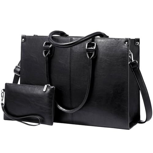 LOVEVOOK Laptoptasche 15.6 Zoll Handtasche Damen Umhängetasche Große PU Leder Shopper Tote Bag Arbeitstasche Aktentasche Lehrertasche für Business Arbeit Büro Schule, Schwarz