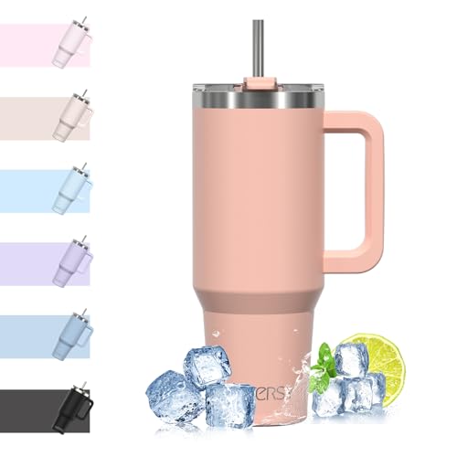 WATERSY 40oz Kaffeebecher to Go Thermobecher Doppelwandiger Edelstahl Vakuum Auslaufsicher Trinkbecher mit Griff und Strohhalm Thermoskanne Pink